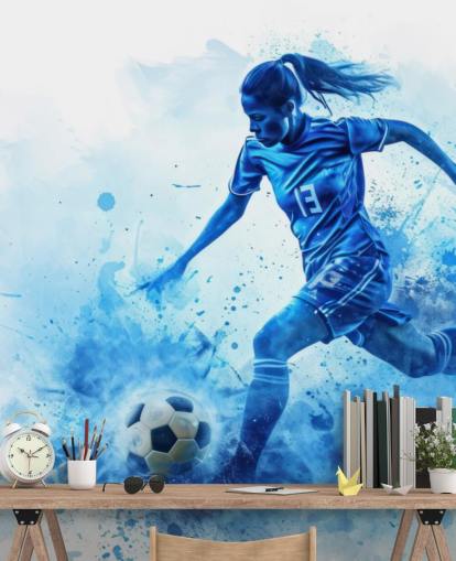 blue customizable soccer wall mural called Blue Watercolor Footballer for children's bedrooms blue customizable soccer wall mural called Blue Watercolor Footballer for children's bedrooms