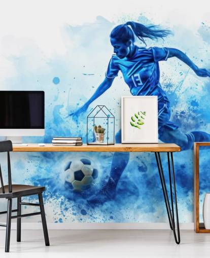 blue customizable soccer wall mural called Blue Watercolor Footballer for children's bedrooms
