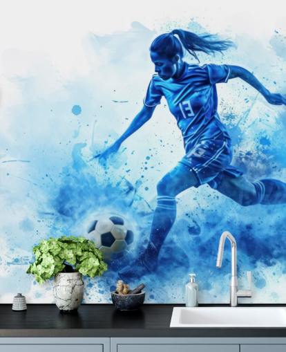 mural de pared de fútbol azul personalizable llamado Blue Watercolour Footballer para dormitorios infantiles