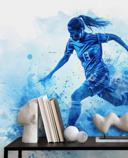 blue customizable soccer wall mural called Blue Watercolor Footballer for children's bedrooms blue customizable soccer wall mural called Blue Watercolor Footballer for children's bedrooms