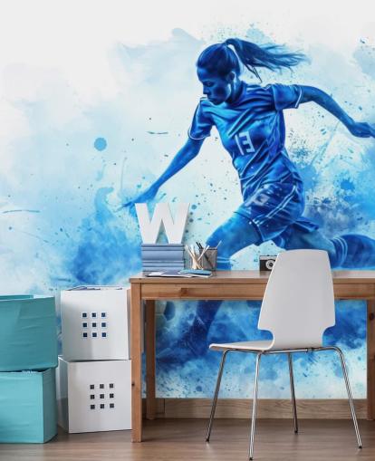 blauwe aanpasbare voetbalmuurschildering genaamd Blue Watercolour Footballer voor kinderkamers blauwe aanpasbare voetbalmuurschildering genaamd Blue Watercolour Footballer voor kinderkamers