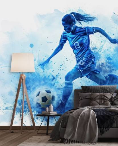 sininen muokattava jalkapalloseinämaalaus nimeltä Blue Watercolor Footballer lasten makuuhuoneisiin