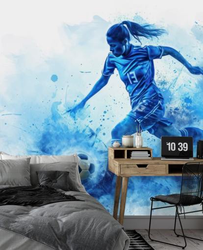 mural de parede de futebol azul personalizável chamado Blue Watercolour Footballer para quartos infantis