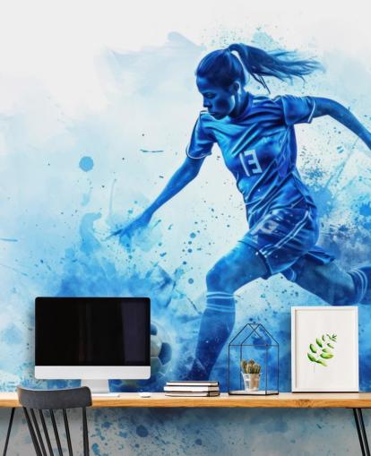 sininen muokattava jalkapalloseinämaalaus nimeltä Blue Watercolor Footballer lasten makuuhuoneisiin