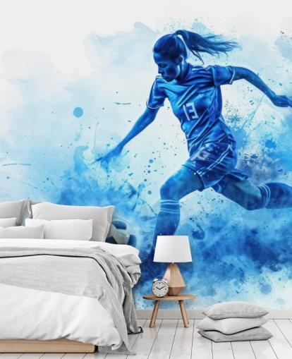 blue customizable soccer wall mural called Blue Watercolor Footballer for children's bedrooms