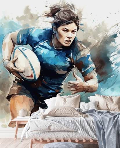 blue and white customizable rugby wallpaper mural called Rugby Watercolor for schools and rugby clubs
