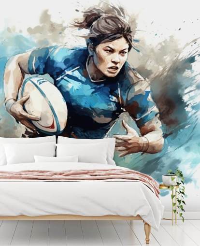 mural de papel pintado de rugby personalizable en blanco y azul llamado Rugby Watercolour para escuelas y clubes de rugby