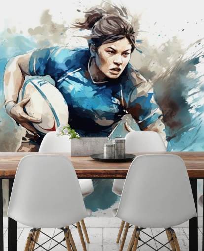 blue and white customizable rugby wallpaper mural called Rugby Watercolor for schools and rugby clubs