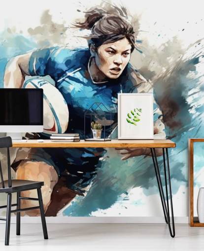blue and white customisable rugby wallpaper mural called Rugby Watercolour for schools and rugby clubs