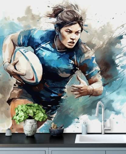 blue and white customizable rugby wallpaper mural called Rugby Watercolor for schools and rugby clubs