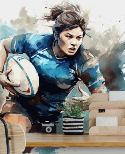 mural de papel pintado de rugby personalizable en blanco y azul llamado Rugby Watercolour para escuelas y clubes de rugby