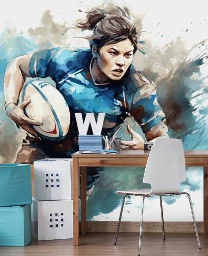 blå og hvid tilpasselig rugby tapet vægmaleri kaldet Rugby Watercolor til skoler og rugbyklubber