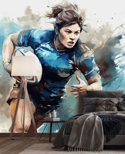 blått og hvitt tilpassbart rugby tapet veggmaleri kalt Rugby Watercolor for skoler og rugbyklubber blått og hvitt tilpassbart rugby tapet veggmaleri kalt Rugby Watercolor for skoler og rugbyklubber