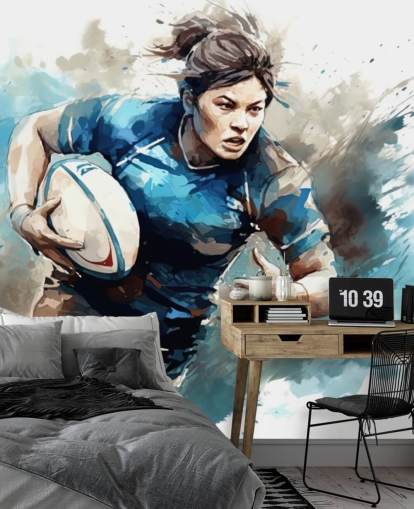 blue and white customizable rugby wallpaper mural called Rugby Watercolor for schools and rugby clubs