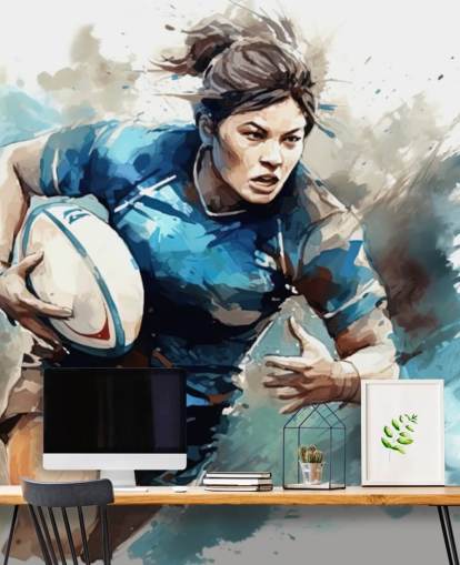blått og hvitt tilpassbart rugby tapet veggmaleri kalt Rugby Watercolor for skoler og rugbyklubber blått og hvitt tilpassbart rugby tapet veggmaleri kalt Rugby Watercolor for skoler og rugbyklubber
