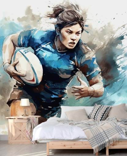blue and white customizable rugby wallpaper mural called Rugby Watercolor for schools and rugby clubs