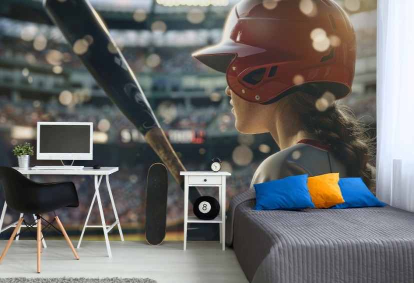 customisable baseball wallpaper mural called Stepping Up to Bat for bedrooms and sports clubs