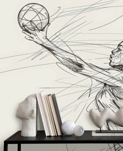 zwart-witte netball line art behangmuurschildering genaamd Netball voor slaapkamers en sportclubs