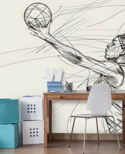 black and white netball line art wallpaper mural called Netball for bedrooms and sports clubs