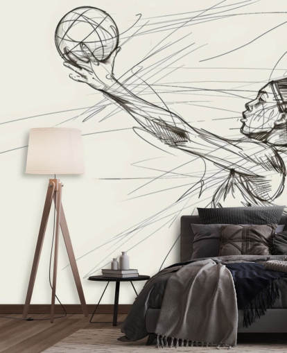 black and white netball line art wallpaper mural called Netball for bedrooms and sports clubs