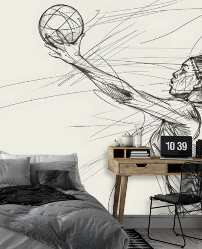 svart og hvitt netball line art tapet veggmaleri kalt Netball for soverom og idrettsklubber