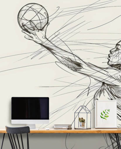 svart og hvitt netball line art tapet veggmaleri kalt Netball for soverom og idrettsklubber