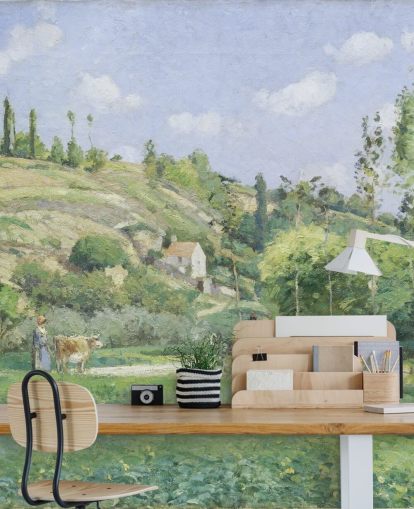 mural de pared de bellas artes llamado A Cowherd at Valhermeil de Camille Pissarro para salas de estar y dormitorios