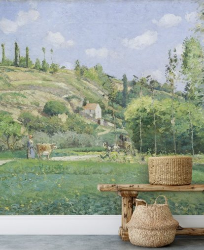 kunstmuurschildering genaamd A Cowherd at Valhermeil van Camille Pissarro voor woonkamers en slaapkamers