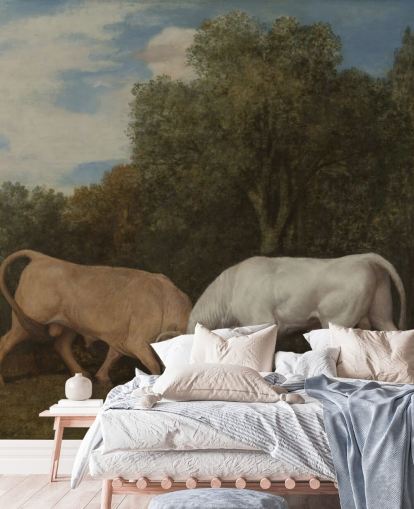 fine art wallpaper mural called Bulls Fighting by George Stubbs for bedrooms and living rooms