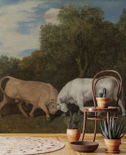 fine art wallpaper mural called Bulls Fighting by George Stubbs for bedrooms and living rooms