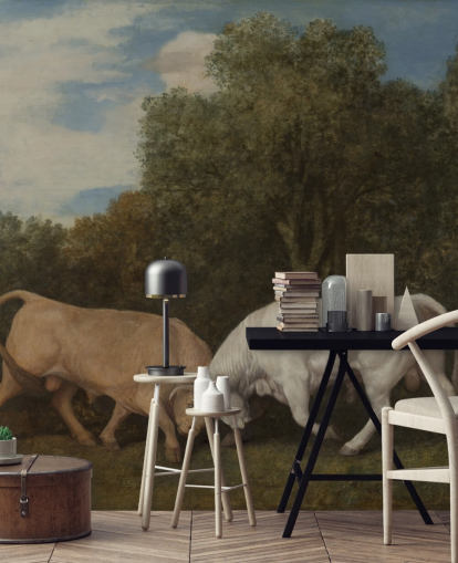 fine art wallpaper mural called Bulls Fighting by George Stubbs for bedrooms and living rooms fine art wallpaper mural called Bulls Fighting by George Stubbs for bedrooms and living rooms