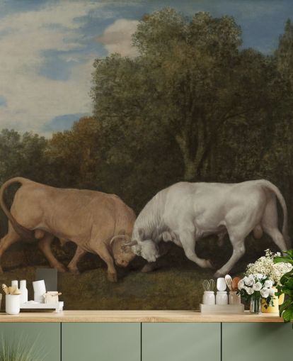 mural de papel pintado de bellas artes llamado Bulls Fighting de George Stubbs para dormitorios y salas de estar
