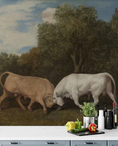 kunsttapet vægmaleri kaldet Bulls Fighting af George Stubbs til soveværelser og stuer kunsttapet vægmaleri kaldet Bulls Fighting af George Stubbs til soveværelser og stuer