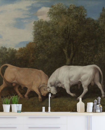 fine art behangmuurschildering genaamd Bulls Fighting van George Stubbs voor slaapkamers en woonkamers