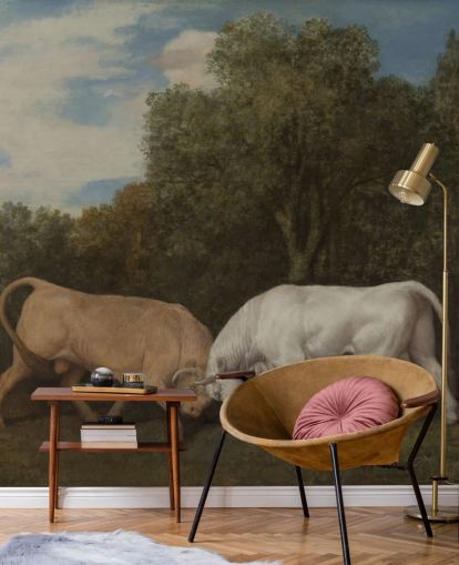 fine art wallpaper mural called Bulls Fighting by George Stubbs for bedrooms and living rooms