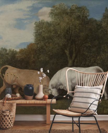 fine art wallpaper mural called Bulls Fighting by George Stubbs for bedrooms and living rooms
