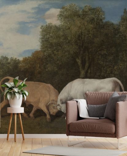 fine art wallpaper mural called Bulls Fighting by George Stubbs for bedrooms and living rooms