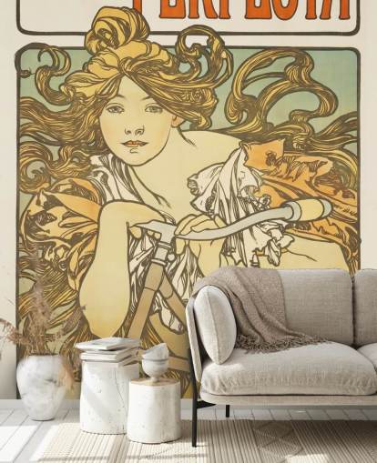 carta da parati murale d'arte Cycles Perfecta di Alphonse Mucha per salotti e camere da letto