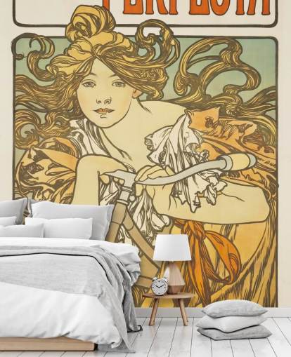 mural de papel pintado de bellas artes Cycles Perfecta de Alphonse Mucha para salas de estar y dormitorios