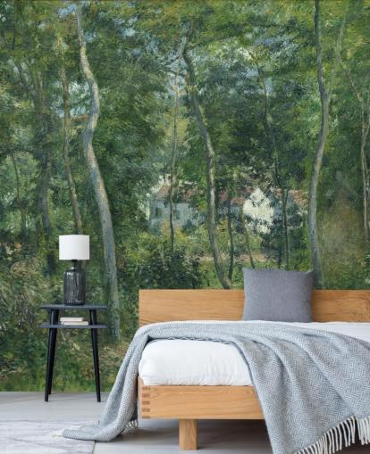 fine art wallpaper mural called Edge of the Woods Near L'Hermitage, Pontoise by Camille Pissarro for bedrooms and living rooms fine art wallpaper mural called Edge of the Woods Near L'Hermitage, Pontoise by Camille Pissarro for bedrooms and living rooms