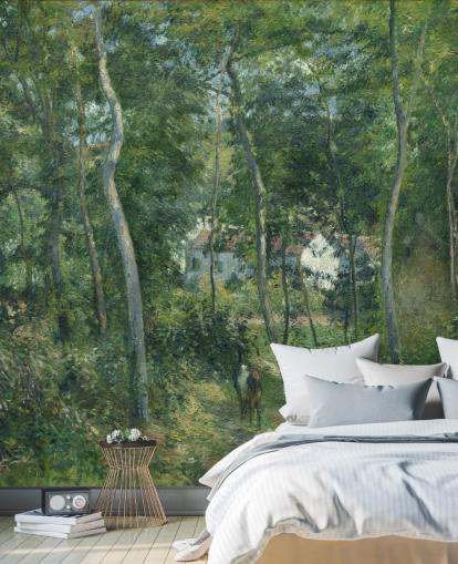 fine art wallpaper mural called Edge of the Woods Near L'Hermitage, Pontoise by Camille Pissarro for bedrooms and living rooms