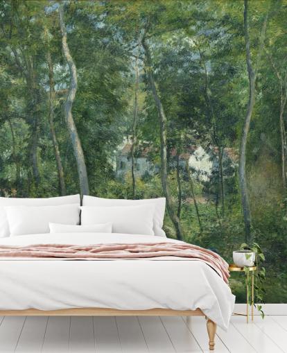 fine art wallpaper mural called Edge of the Woods Near L'Hermitage, Pontoise by Camille Pissarro for bedrooms and living rooms fine art wallpaper mural called Edge of the Woods Near L'Hermitage, Pontoise by Camille Pissarro for bedrooms and living rooms