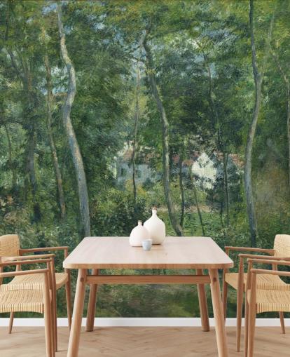 fine art behangmuurschildering genaamd Edge of the Woods Near L'Hermitage, Pontoise van Camille Pissarro voor slaapkamers en woonkamers
