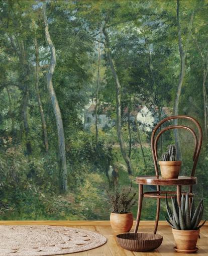 fine art wallpaper mural called Edge of the Woods Near L'Hermitage, Pontoise by Camille Pissarro for bedrooms and living rooms