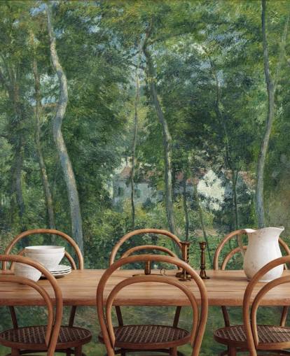 fine art behangmuurschildering genaamd Edge of the Woods Near L'Hermitage, Pontoise van Camille Pissarro voor slaapkamers en woonkamers fine art behangmuurschildering genaamd Edge of the Woods Near L'Hermitage, Pontoise van Camille Pissarro voor slaapkamers en woonkamers