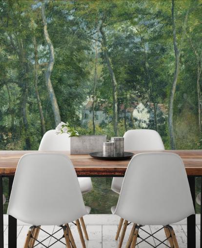 fine art wallpaper mural called Edge of the Woods Near L'Hermitage, Pontoise by Camille Pissarro for bedrooms and living rooms