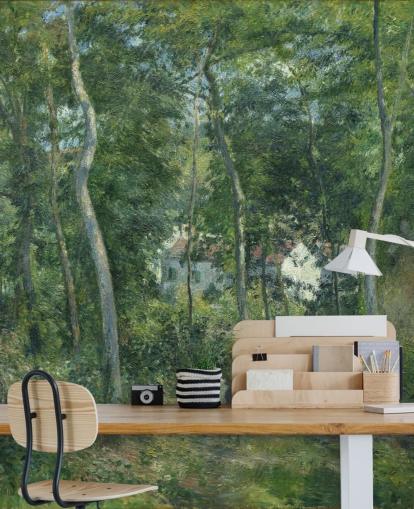 fine art wallpaper mural called Edge of the Woods Near L'Hermitage, Pontoise by Camille Pissarro for bedrooms and living rooms