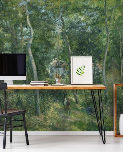 fine art wallpaper mural called Edge of the Woods Near L'Hermitage, Pontoise by Camille Pissarro for bedrooms and living rooms