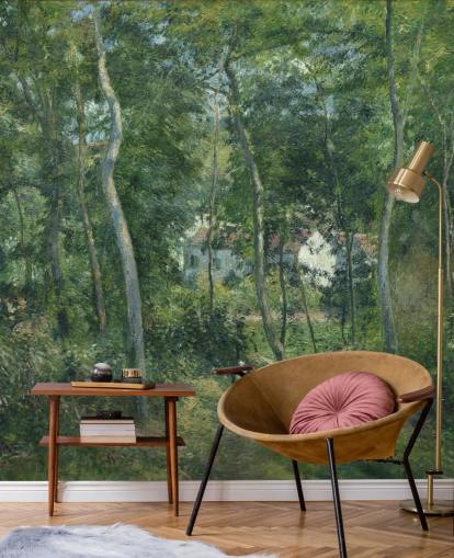 carta da parati fine art chiamata Edge of the Woods Near L'Hermitage, Pontoise di Camille Pissarro per camere da letto e salotti carta da parati fine art chiamata Edge of the Woods Near L'Hermitage, Pontoise di Camille Pissarro per camere da letto e salotti