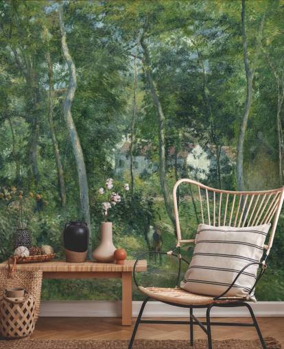 mural de papel de parede de belas artes chamado Edge of the Woods Near L'Hermitage, Pontoise de Camille Pissarro para quartos e salas de estar